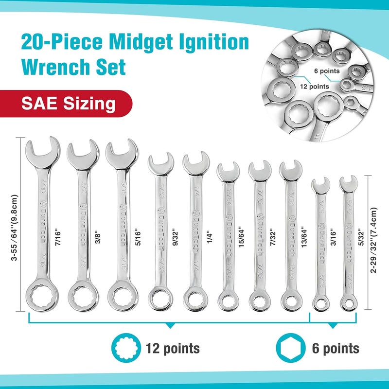 DURATECH Mini Wrench Set, Midget Combination Wrench Set, 20-Piece, Metric & SAE, 4-11mm & 5/32" - 7/16", Lightweight, with Rolling Pouch - Image 4